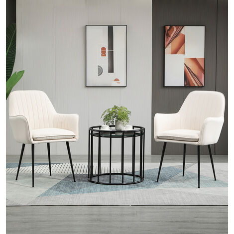 Hallowood Furniture Cullompton Dining Chairs Set of 2, Upholstered Cream Fabric Dining Chairs with Armrests and Sturdy Black Metal Legs, Soft-Padded Armchairs for Home, Office and Cafe