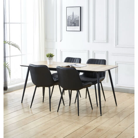 Hallowood Furniture Cullompton Dining Table and Chairs Set 4, 120-180cm Light Oak Effect Extendable Dining Table with Black Faux Leather Chairs for Modern Home and Cafe