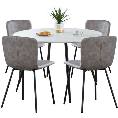 Hallowood Furniture Cullompton Dining Table and Chairs Set 4, Dining Room Sets with White Marble Effect Round Kitchen Table and 4 Chairs in Taupe Faux Leather Upholstery