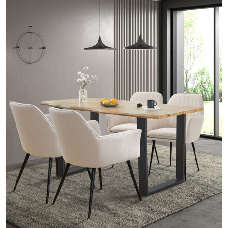 Hallowood Furniture Cullompton Dining Table and Chairs Set 4, Live Edge Effect Kitchen Table and Chairs in Beige Fabric with Armrests, Modern Dining Room Sets for Home and Cafe (160cm)
