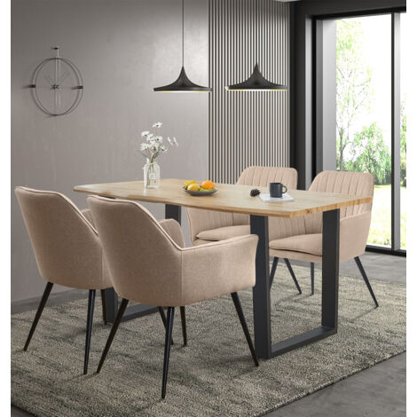 Hallowood Furniture Cullompton Dining Table and Chairs Set 4, Live Edge Effect Wooden Table with Black U-Shaped Legs and Light Brown Dining Chairs with Arms, Modern Furniture Set for Home and Cafe