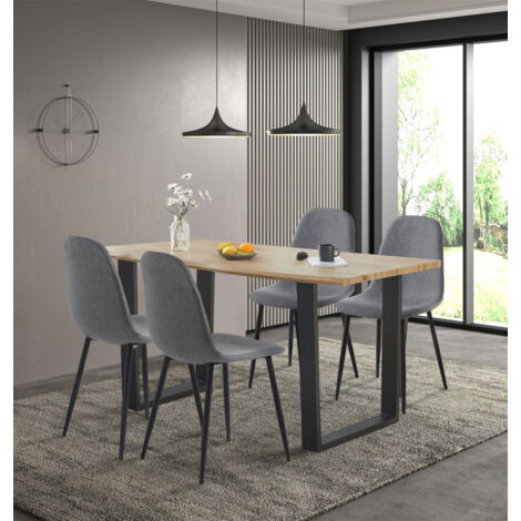 Hallowood Furniture Cullompton Dining Table and Chairs Set 4, Live Edge Wood Effect Kitchen Table in U Shaped Legs and Dark Grey Fabric Chairs, Dining Room Sets for Home or Cafe