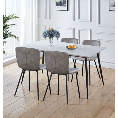 Hallowood Furniture Cullompton Dining Table and Chairs Set 4, Rectangular White Faux Marble Table and 4 Chairs in Taupe Leather Effect Upholstery, Stylish Dining Room Sets for Home or Cafe