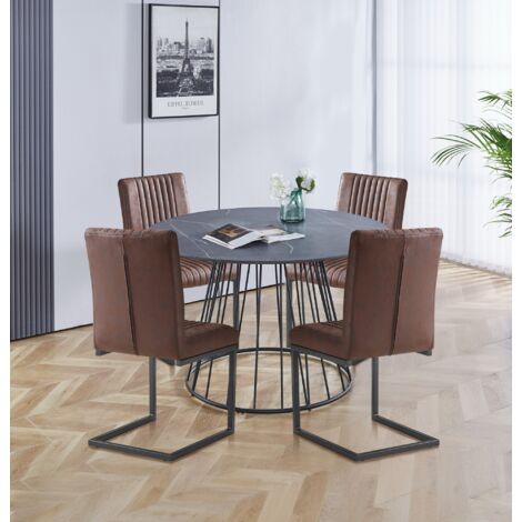 Hallowood Furniture Cullompton Dining Table and Chairs Set 4, Sturdy Grey Marble-Effect Round Kitchen Table with Four Brown Leather Effect Dining Chairs, Stylish Set Perfect for Home or Café Use