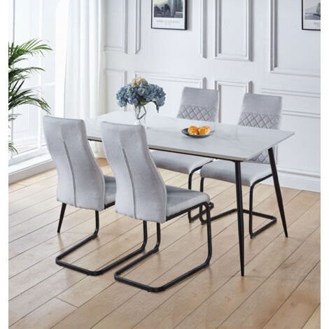 Hallowood Furniture Cullompton Dining Table and Chairs Set 4, White Marble Effect Kitchen Table and 4 Chairs in Light Grey Fabric and Cantilever Legs, Modern Dining Room Sets for Home and Cafe