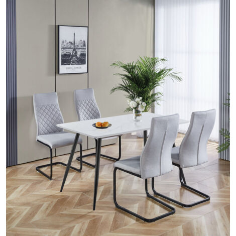 Hallowood Furniture Cullompton Dining Table and Chairs Set 4, White Marble Effect Top Small Rectangular Kitchen Table and Chairs in High Back, Grey Fabric Upholstery and Metal Legs for Home & Café
