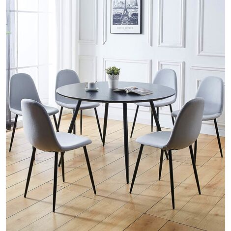 Hallowood Furniture Cullompton Dining Table and Chairs Set 6, 120cm Round Wood-Effect Black Kitchen Table and Grey Fabric Chairs in Modern Black Metal Legs, Ideal Dining Room Set
