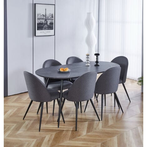 Hallowood Furniture Cullompton Dining Table and Chairs Set of 6, Large Grey Marble Effect Oval Kitchen Table and Curved-back Dark Grey Fabric Chairs, Dining Room Set for Home and Café