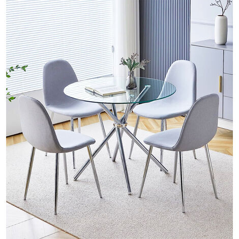 Hallowood Furniture Cullompton Glass Round Dining Table And Chairs Set 4, Small Kitchen Table and Chairs in Grey Fabric, Dining Room Sets Perfect for Home, Office Pantries and Cafes