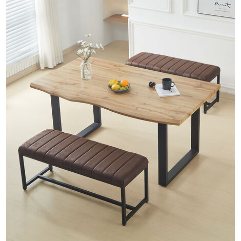 Hallowood Furniture Cullompton Large Dining Table and Bench Set of 2, Live Edge Effect Top and U-Shaped Metal Leg Dining Table with Benches in Brown Faux Leather Seats for Home or Cafe