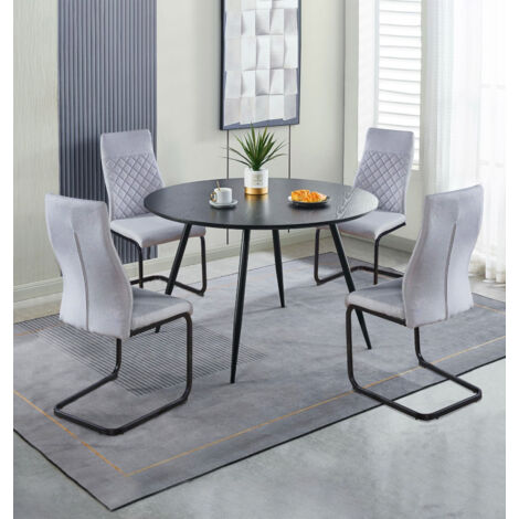 Hallowood Furniture Cullompton Large Dining Table and Chair Set 4, Black Wooden Effect Top Round Kitchen Table and High Back Cantilever Light Grey Dining Chairs, Cafe and Home Kitchen Furniture