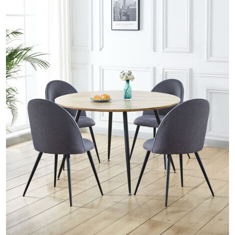 Hallowood Furniture Cullompton Large Dining Table and Chairs Set 4, 1.2m Light Oak Effect Top Round Dining Table and  Grey Fabric Curved Back Chairs for Kitchen, Restaurants or Café
