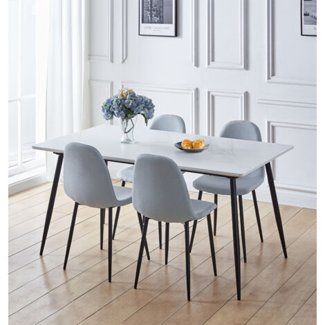 Hallowood Furniture Cullompton Large Dining Table and Chairs Set 4, (1.6m) White Marble Effect Top Kitchen Table and Chairs in Grey Fabric Upholstery and Metal Legs, Dining Room Sets for Home & Café