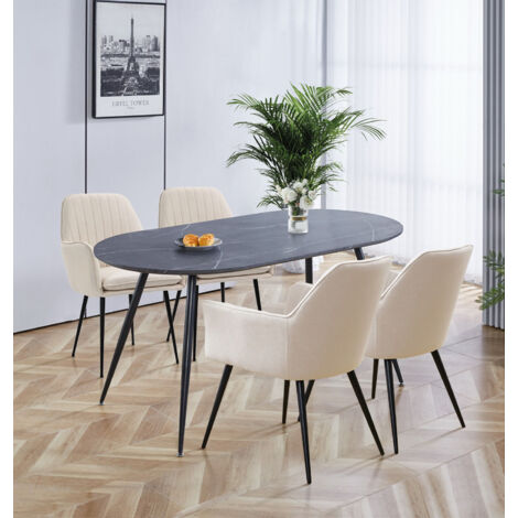 Hallowood Furniture Cullompton Large Dining Table and Chairs Set 4, Grey Marble Effect Oval Kitchen Table and Beige Fabric Armed Kitchen Chairs, Modern Dining Room Sets for Home and Café