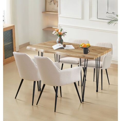 Hallowood Furniture Cullompton Large Dining Table and Chairs Set 4, Live Edge Wood Effect Top Rectangular Kitchen Table (120cm) and Beige Fabric Armed Chairs, Modern Dining Room Sets