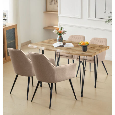 Hallowood Furniture Cullompton Large Dining Table and Chairs Set 4, Live Edge Wood Effect Top Rectangular Kitchen Table (120cm) and Light Brown Fabric Armed Chairs, Modern Dining Room Sets