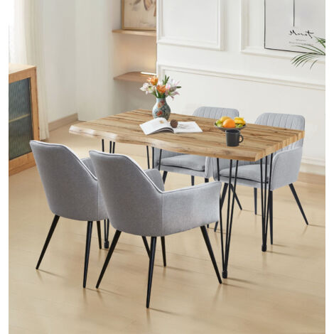 Hallowood Furniture Cullompton Large Dining Table and Chairs Set 4, Live Edge Wood Effect Top Rectangular Kitchen Table (120cm) and Steel Grey Fabric Armed Chairs, Modern Dining Room Sets