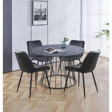 Hallowood Furniture Cullompton Large Dining Table and Chairs Set 4, Round Table in Grey Marble Effect Top and 4 Black Bonded Leather Chairs, Dining Room Sets for Home and Café (120cm)