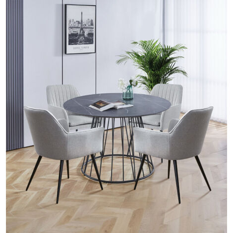Hallowood Furniture Cullompton Large Dining Table and Chairs Set 4, Round Table with Grey Marble Effect Top and Upholstered Armchairs, Dining Table Set for Home and Café
