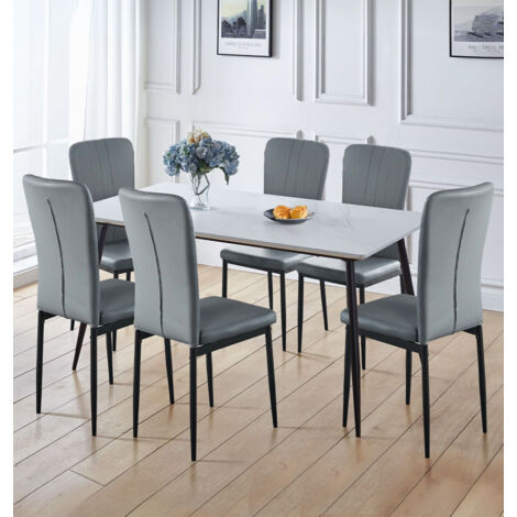 Hallowood Furniture Cullompton Large Dining Table and Chairs Set 6, (1.6m) White Marble Effect Kitchen Table and Chairs in Grey Faux Leather Upholstery and Metal Legs, Dining Set for Home & Café