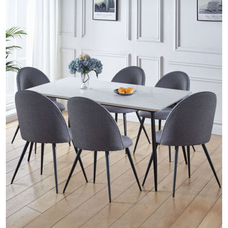 Hallowood Furniture Cullompton Large Dining Table and Chairs Set 6, White Faux Marble Table and Grey Fabric Curved Back Dining Chairs, Modern Furniture Set for Home or Cafe