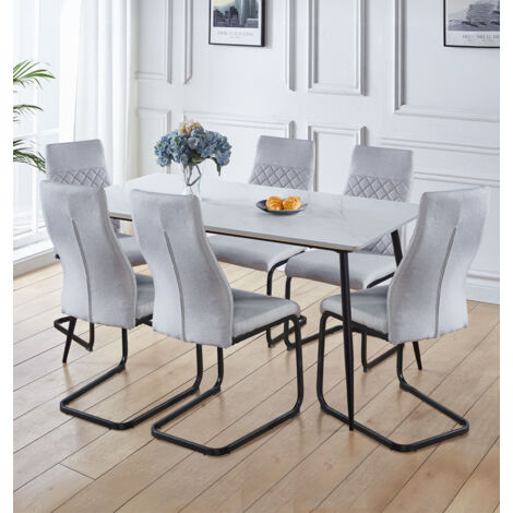 Hallowood Furniture Cullompton Large Dining Table and Chairs Set 6, White Marble Effect Top and Black Metal Legs Kitchen Table and Light Grey Fabric High Leather Kitchen Chairs, Dining Room Sets