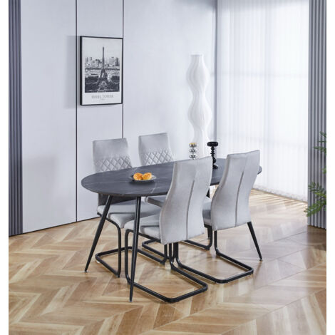 Hallowood Furniture Cullompton Large Dining Table and Chairs Set of 4, Grey Marble Effect Top Oval Dining Table and High-Backrest Grey Fabric Chairs, Dining Table Set for Home and Café