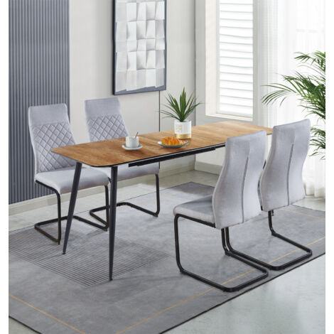 Hallowood Furniture Cullompton Large Dining Table Extendable with Chairs Set 4, Light Oak Effect Top Extending Table & Grey High Back Fabric Chairs, Home & Cafe Dining Room Set (120-180cm)