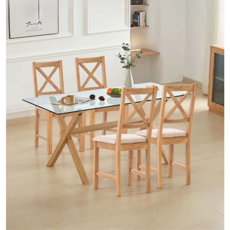 Hallowood Furniture Cullompton Large Dining Table Set - Glass Top 160cm with Cross Wood Effect Legs and 4 Beige Fabric Cross Back Chairs - Table