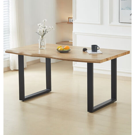 Hallowood Furniture Cullompton Large Dining Table with Black U Shaped Legs, Industrial Style Live Edge Effect Top Modern Dining Table for Home, Restaurant or Office, Seats 4-6 People (160cm)