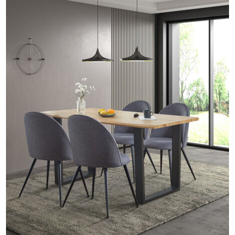 Hallowood Furniture Cullompton Large Live Edge Table and Chairs Set 4, Modern Dining Table and Chairs with U-Shaped Legs & Dark Grey Curved Back Fabric Chairs Perfect for Home or Café