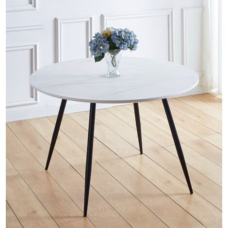 Hallowood Furniture Cullompton Large Marble Effect Top White Dining Table with Black Metal Legs, 4-6 Seater Round Table for Dining Rooms, Kitchens, or Cafés