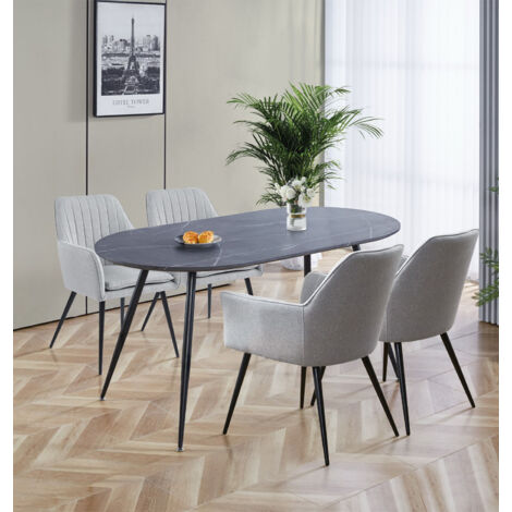 Hallowood Furniture Cullompton Large Oval Dining Table and Chairs Set 4, Grey Marble Effect Kitchen Table and Chairs in Grey Fabric with Arm Support, Modern Dining Room Sets for Home and Café