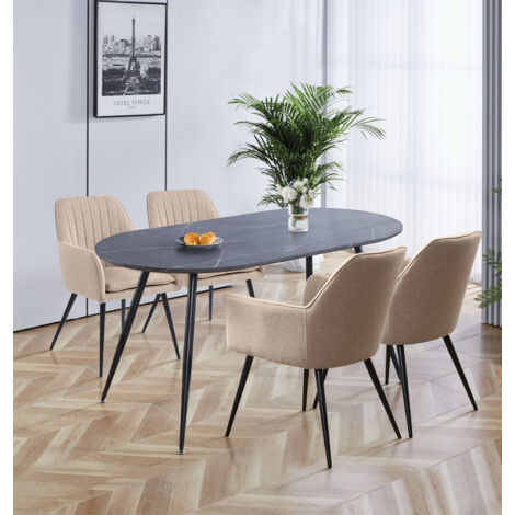 Hallowood Furniture Cullompton Large Oval Dining Table and Chairs Set 4, Grey Marble Effect Kitchen Table and Light Brown Fabric Arm Chairs, Modern Dining Room Sets for Home and Café (160cm)