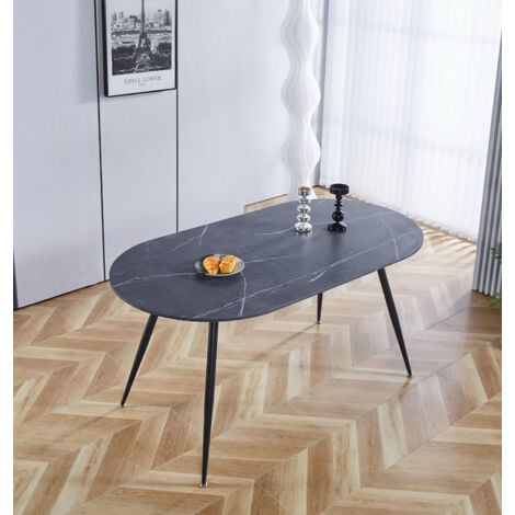 Hallowood Furniture Cullompton Large Oval Dining Table with Grey Marble Effect Top and Black Metal Legs (160cm), 4-6 Seaters Modern Kitchen Table for Home, Cafe and Restaurant