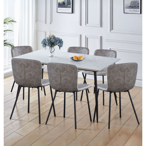 Hallowood Furniture Cullompton Large Rectangular Dining Table and Chairs Set 6, White Marble Effect Kitchen Table with Chairs in Taupe Faux Leather Upholstery, Dining Room Sets for Home or Cafe