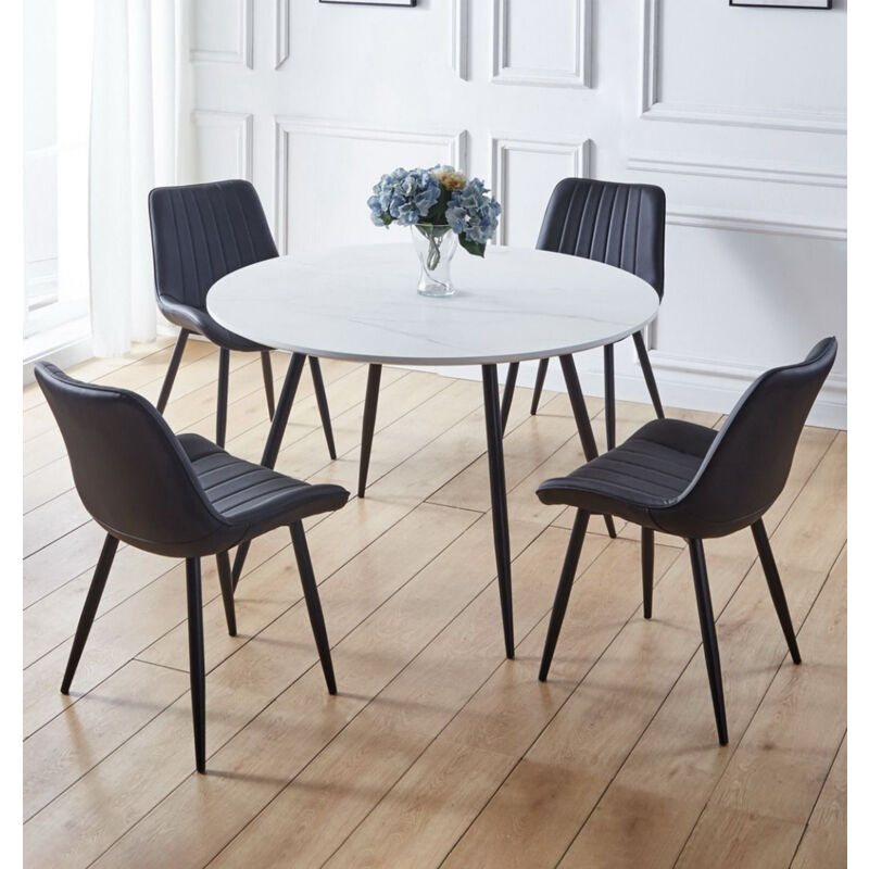 Hallowood Furniture Cullompton Large Round 120cm Dining Table with Black Bonded Leather Chairs Set - 4 Seater Dining Table Set for Home, Office,