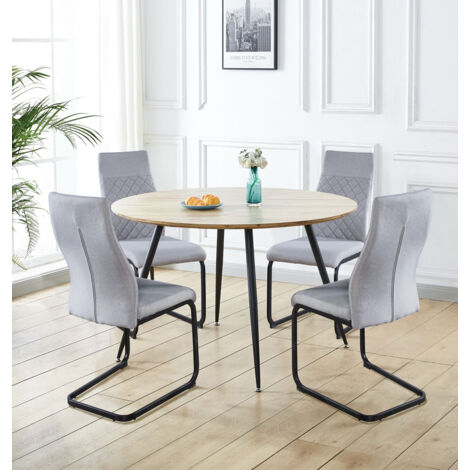 Hallowood Furniture Cullompton Large Round Dining Table and Chairs Set 4, Light Oak Effect Top Kitchen Table and Chairs in Cantilever Design, Grey Fabric Upholstery, Dining Set for Home or Café