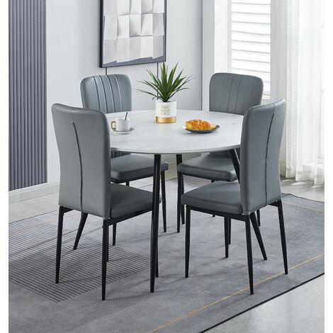 Hallowood Furniture Cullompton Large Round Dining Table and Chairs Set 4, White Marble Effect Kitchen Table and Chairs Upholstered in Grey Faux Leather, Dining Room Sets for Home and Cafe