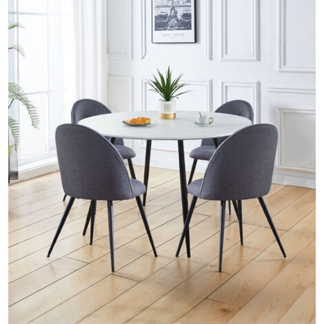 Hallowood Furniture Cullompton Large Round Dining Table and Chairs Set 4 with Curved-back Grey Fabric Chairs, White Marble Effect Top Kitchen Table with 4 Chairs for Home and Cafe