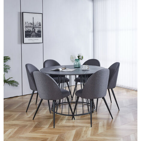 Hallowood Furniture Cullompton Large Round Dining Table and Chairs Set 6, Grey Marble Effect Top Kitchen Table with Curved-back Dark Grey Fabric Chairs, Dining Room Sets for Home and Café