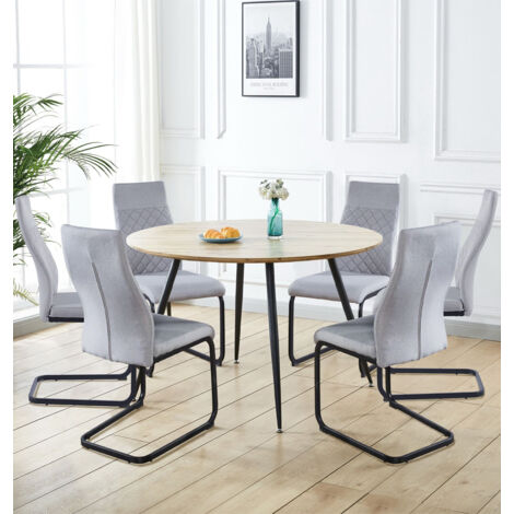 Hallowood Furniture Cullompton Large Round Dining Table and Chairs Set 6, Light Oak Effect Top Kitchen Table and Chairs in Cantilever Design, Grey Fabric Upholstery, Dining Set for Home or Café