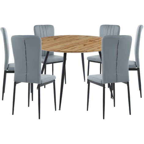 Hallowood Furniture Cullompton Large Round Dining Table and Chairs Set 6, Light Oak Effect Top Kitchen Table and Chairs in Light Grey Faux Leather, Dinner Set for Home, Office or Café