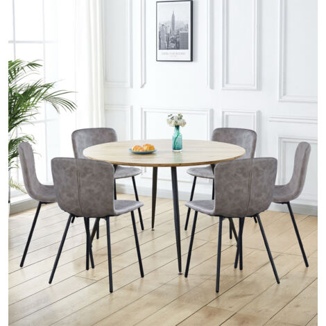 Hallowood Furniture Cullompton Large Round Dining Table and Chairs Set 6, Light Oak Effect Top Kitchen Table and Chairs in Taupe Faux Leather Upholstery, Modern Dining Room Sets for Home or Café