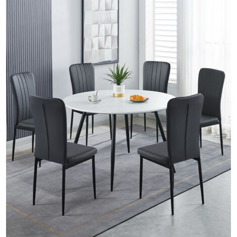 Hallowood Furniture Cullompton Large Round Dining Table and Chairs Set 6, White Marble Effect Kitchen Table and Chairs Upholstered in Black Faux Leather, Dining Room Sets for Home and Cafe