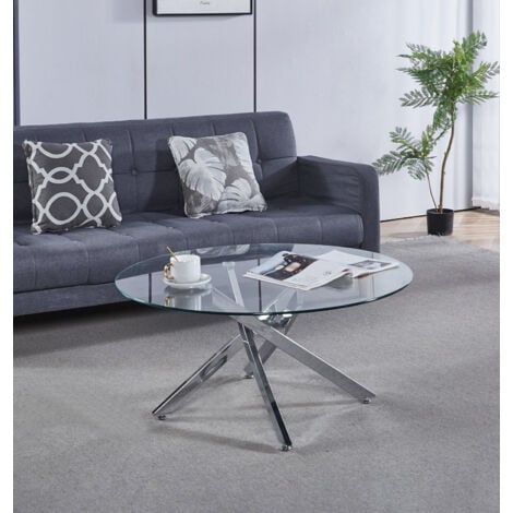 Hallowood Furniture Cullompton Metal Coffee Table with Glass Top, Glass Table with 4 Crossed Chrome Legs, Modern Small Table, Centre Table, Round Coffee Table for Living Room