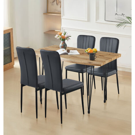 Hallowood Furniture Cullompton Rectangle Dining Table and Chairs Set 4, Dining Room Sets with Live Edge Effect Kitchen Table and Black Faux Leather High Back Kitchen Chairs (120cm)