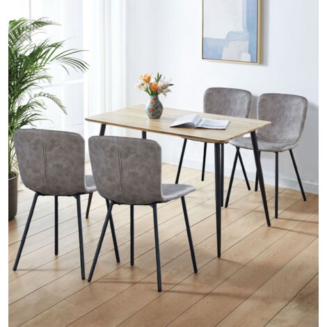 Hallowood Furniture Cullompton Rectangular Dining Table and Chairs Set 4, Brown Oak Effect Top Small Kitchen Table and Chairs in Upholstered Taupe Faux Leather with Metal Legs for Home, Office & Café