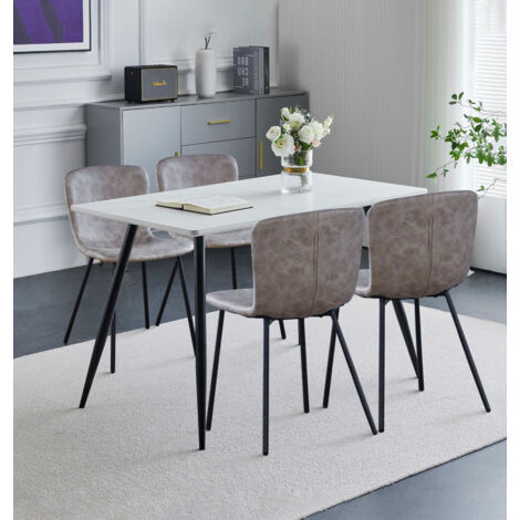 Hallowood Furniture Cullompton Rectangular Dining Table and Chairs Set 4, White Marble Effect Top Small Kitchen Table and Chairs in Upholstered Taupe Faux Leather with Metal Legs for Home & Café