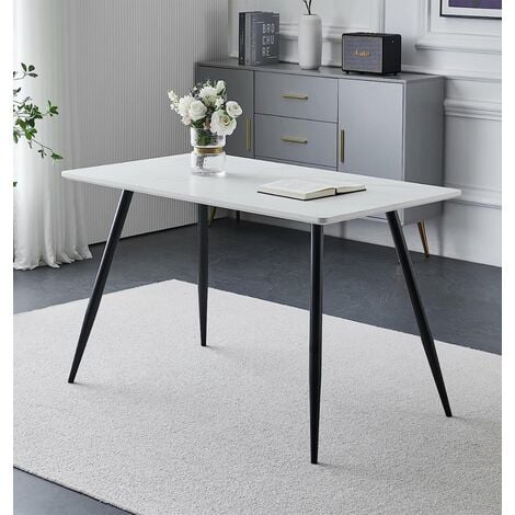Hallowood Furniture Cullompton Rectangular Marble Effect Top White Dining Table with Black Metal Legs,  4-6 Seater Small Marble Table for Dining rooms, Kitchens, or Cafés